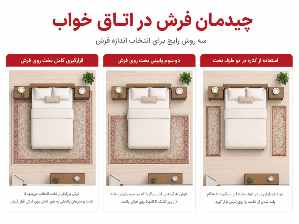 مقایسه سه روش چیدمان فرش در اتاق خواب؛ فرش کامل زیر تخت، دو سوم پایینی تخت و کناره‌های دو طرف تخت