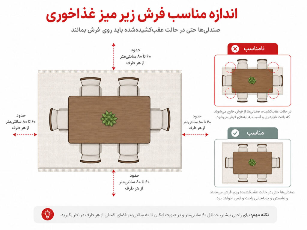 راهنمای اندازه فرش زیر میز غذاخوری با فاصله ۶۰ تا ۸۰ سانتی‌متر برای عقب‌کشیدن صندلی‌ها